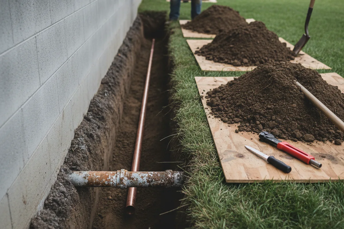 Excavated water line trench during Water Softener Installation in Yellow Spring